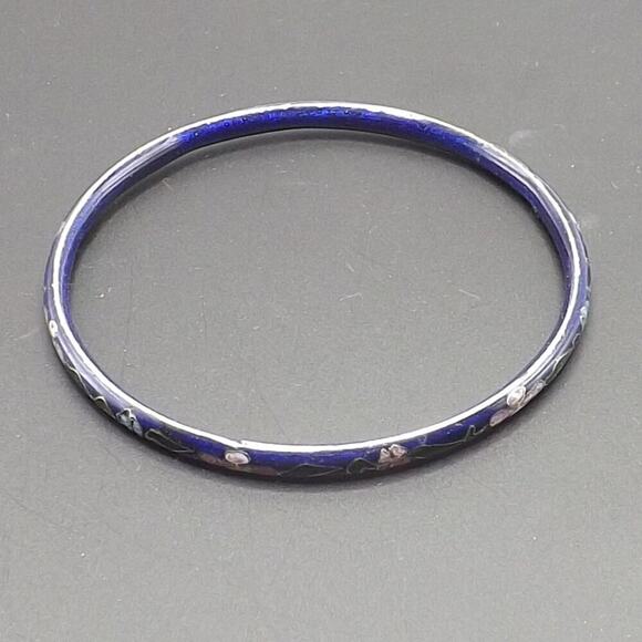 Vintage Cloisonne Floral Bangle Bracelet, Dark Blue Enamel, 7 3/4 Inch, 1960s - Picture 10 of 12